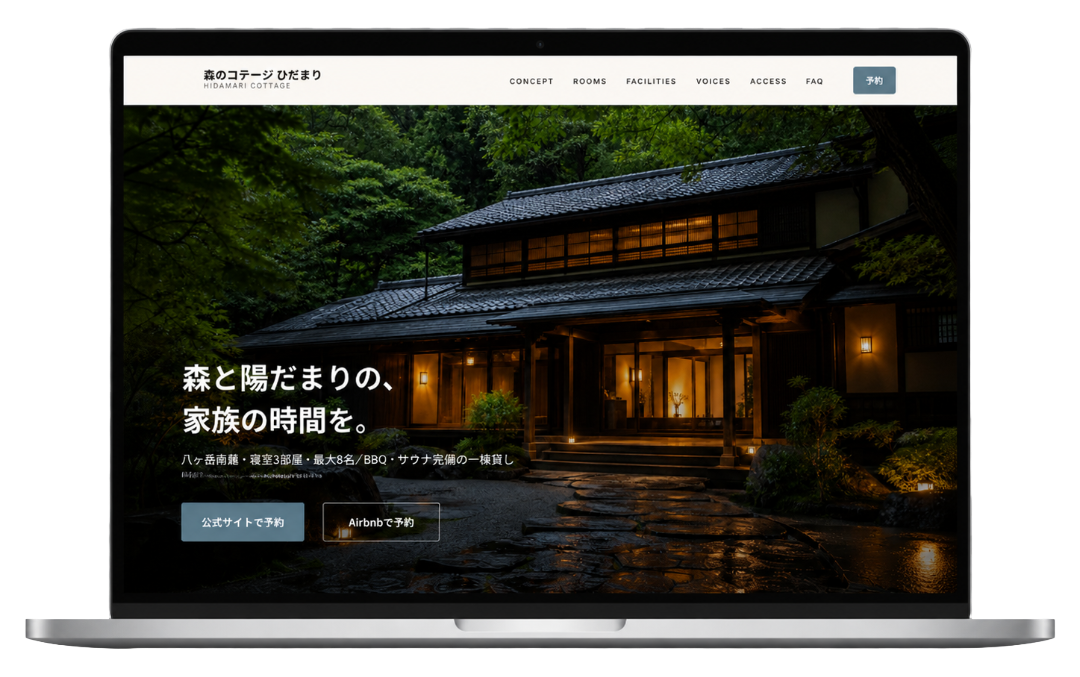 MacBookに表示された宿の公式サイト